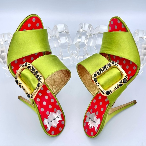 CHRISTIAN LACROIX ⚜️RARE NWT Green Satin Mule Stilettos Jeweled Gold Buckle 36.5 - Picture 5 of 15